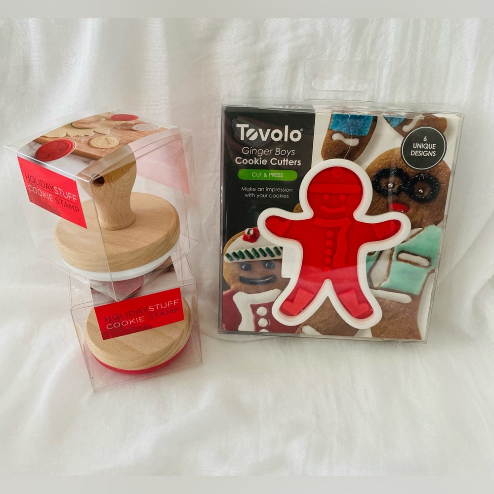 NIB Tovolo Ginger Boys Cookie Cutters and Holiday Stuff Stamps